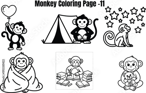 Monkeys in various poses and activities for coloring