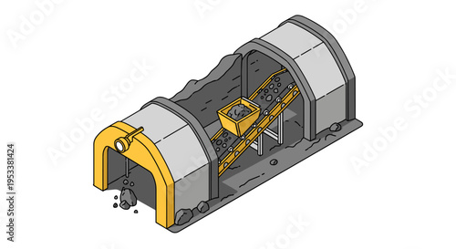 Isometric view of a complex industrial machine part with yellow and gray components.