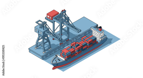 Isometric view of a cargo ship being loaded at a port terminal.