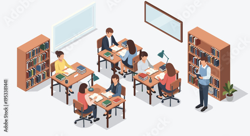 Isometric view of a modern library or study room with students and bookshelves.