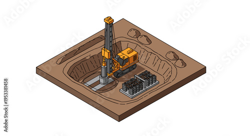 Isometric view of a drilling rig operating in an open pit mine.