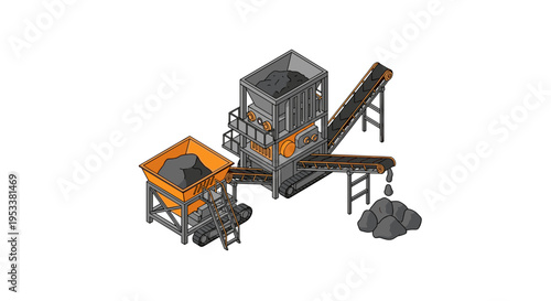 Isometric view of a stone crushing and screening plant for construction materials.