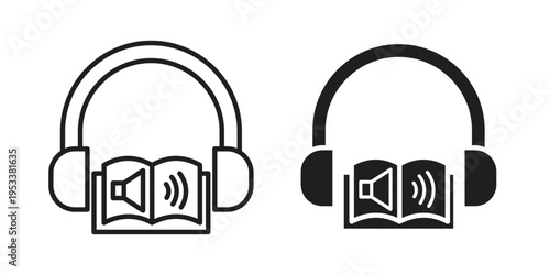 Audio book icon symbols, Solid black and editable stroke icons
