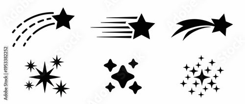 Black vector starburst graphics and shooting star designs on white