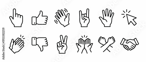 Various hand gestures and signs in a vector graphic illustration set