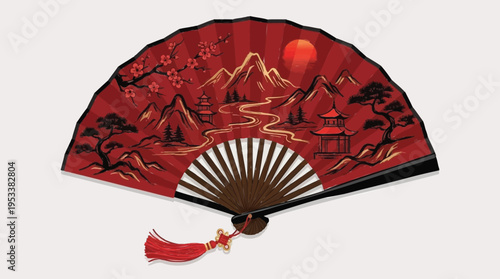 Traditional Japanese folding fan, vibrant red with intricate oriental landscape art, featuring mountains, pagodas, and blooming cherry blossoms