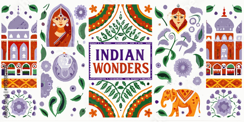 A colorful illustration showcasing iconic indian architecture and cultural elements