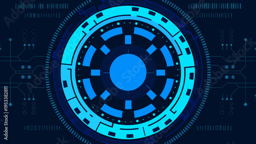 Abstract digital eye with surrounding tech circuitry and binary code
