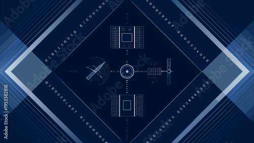 Abstract aerial view of satellite and airplane technology in a geometric design