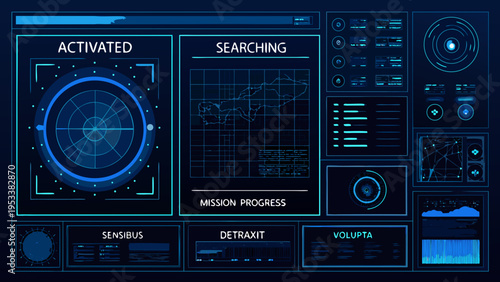 Futuristic user interface displaying activated systems and global search data