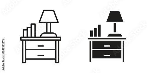 Bedside table icon symbols, Solid black and editable stroke icons