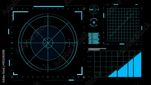 Futuristic interface with targeting reticle graphs and digital displays