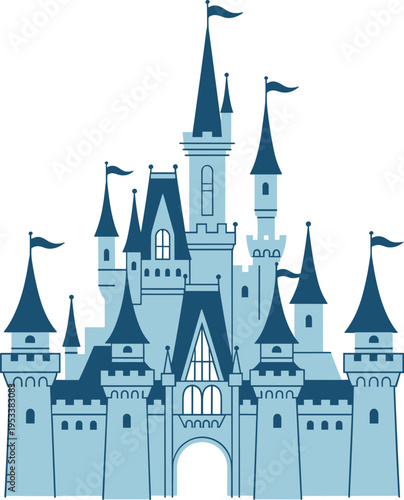 Fairytale castle illustration, fantasy kingdom palace, medieval architecture design, magical building icon, royal fortress vector, storybook theme, dreamy landmark concept