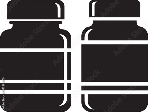 Two black silhouette icons of simple jars with labels, representing storage, containers, food, ingredients, and packaging designs, Storage Container