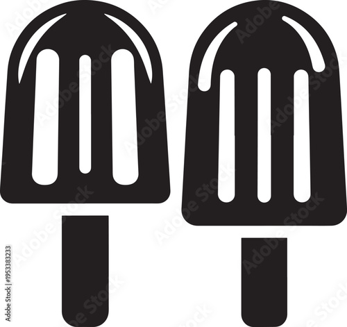Pair of black and white popsicle icons on sticks, simple graphic design for summer treats, desserts, and frozen fruit snacks, Ice Cream