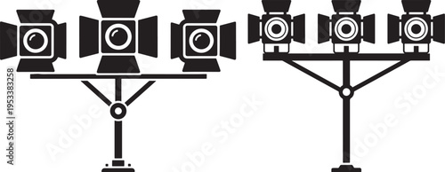 Multiple black silhouette spotlights on stands, simple graphic icons for stage lighting, film production, theatre, and event illumination, Spotlight Effect