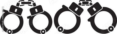 Pair of open and closed black silhouette handcuffs, simple graphic icon representing law, justice, crime, and security concepts, Police Equipment