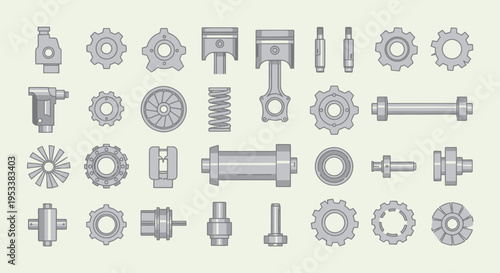 Collection of mechanical industrial metal parts.