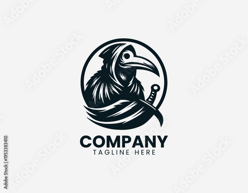 Plague doctor bird character with hood and curved blade in detailed black vector logo illustration style