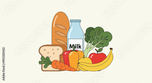 Fresh groceries food items on table.