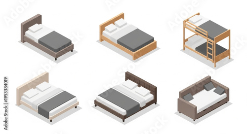 Collection of Six Different Beds in Isometric View.