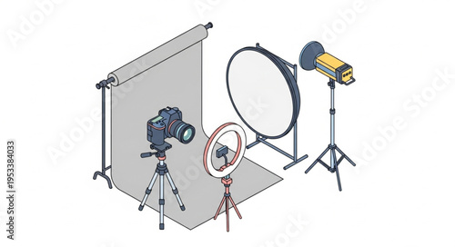 Photography studio setup with camera lighting equipment and backdrop.