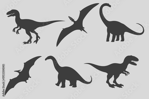 Dinosaur silhouette collection illustration. Raptor, diplodocus, prehistoric dinosaur silhouette black vector collection isolated on white background.