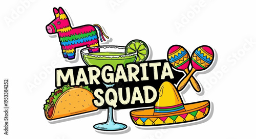 Colorful margarita party icons with tacos donkey sombrero and maracas on white