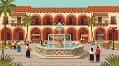 Colorful illustration of a Spanish colonial plaza with a prominent fountain, traditional archways, and people engaged in a lively market