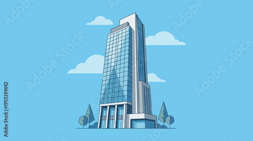 Sleek Skyscraper Illustration Tall Office Building with Reflective Glass Windows Against a Blue Sky, Representing Urban Architecture and Business