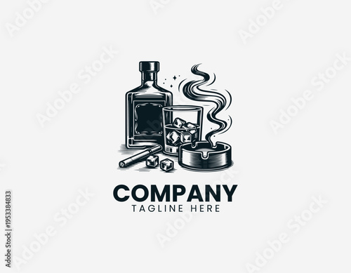 Whiskey glass bottle and cigarette ashtray black vector logo illustration isolated on white background