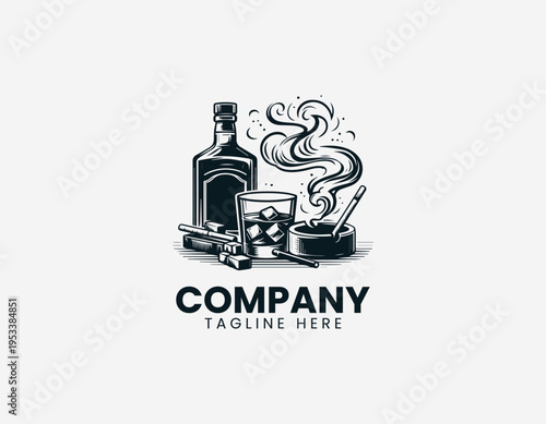 Whiskey glass bottle and cigarette ashtray black vector logo illustration isolated on white background