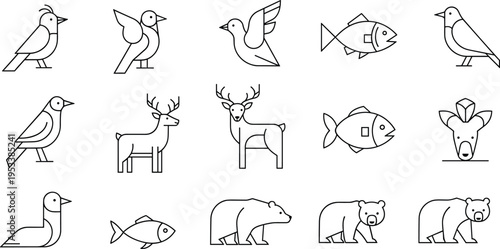 Animal Icon Set with Birds Deer Fish and Bear Minimal Line Art Collection Wildlife Outline Symbols for Nature Apps Logos and Graphic Design