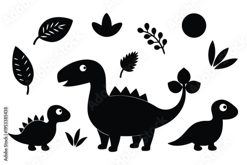 Dinosaur silhouettes with prehistoric plants