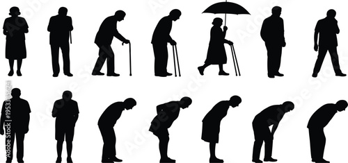 Black silhouettes of elderly people in various poses on a white background woman