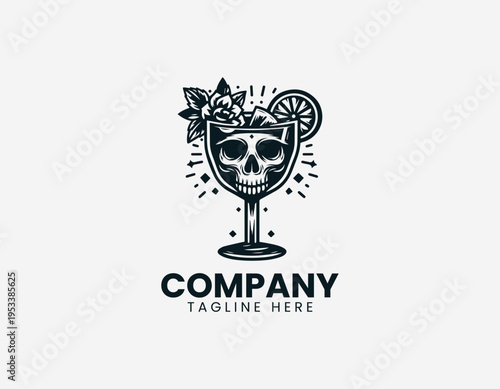 Skull cocktail drink with citrus garnish in clean modern edgy bar vector illustration style