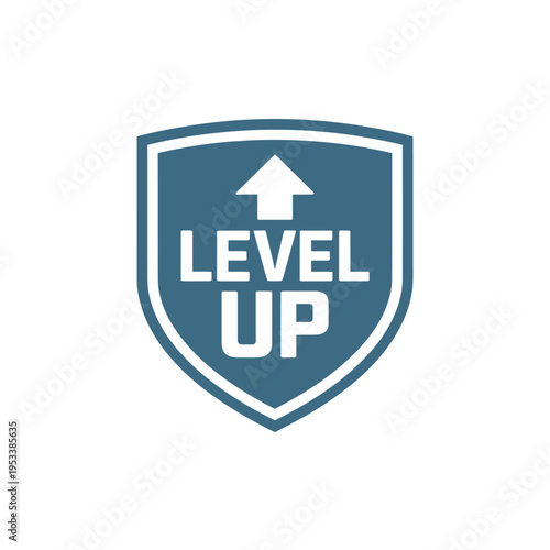 A navy blue shield icon displays the text level up in white lettering