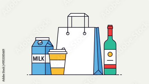 Paper grocery shopping bag filled with carton of milk takeaway coffee cup and bottle of wine illustration in flat vector style.