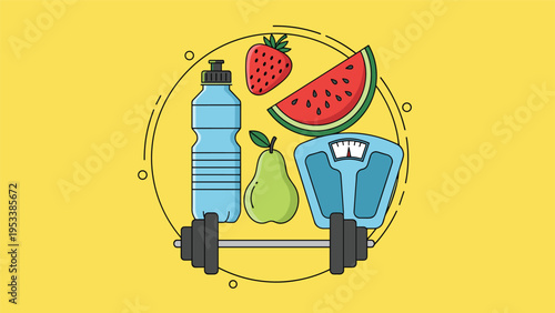 Fitness and healthy lifestyle concept with water bottle fruit weight scale and dumbbell arranged in circular composition on yellow.
