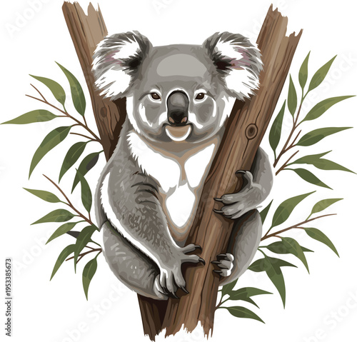 Cute Koala Illustration Sitting on Tree Branch with Leaves Wildlife Animal Character Design for Kids Nursery Decor Nature Themes and Australian Fauna Graphics
