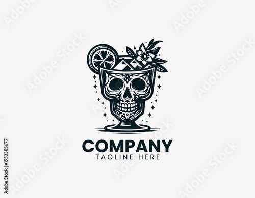 Skull cocktail drink with citrus garnish in clean modern edgy bar vector illustration style