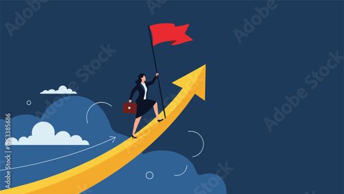Successful businesswoman climbing large rising golden arrow towards top with red flag representing business achievement and growth.