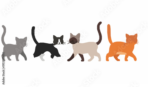 Cute cartoon cat lineup vector with four different breeds walking with tails up isolated on white
