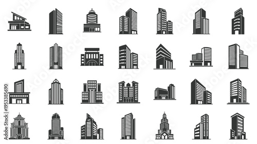 Extensive collection of modern building silhouettes including skyscrapers offices and residential apartment blocks for urban design.