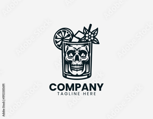 Skull cocktail drink with citrus garnish in clean modern edgy bar vector illustration style