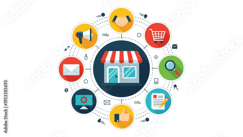 Omni-channel retail marketing concept shows a store icon surrounded by various digital service symbols in a circular flow.