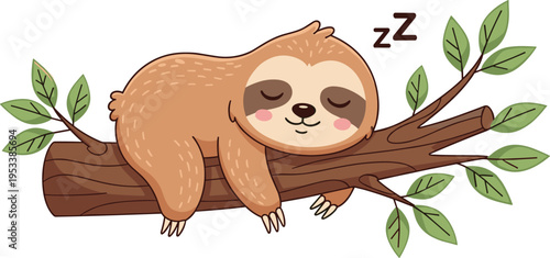Cute Sleeping Sloth Cartoon on Tree Branch with Leaves Illustration Lazy Animal Character Design for Kids Nursery Decor Relaxation and Nature Graphics