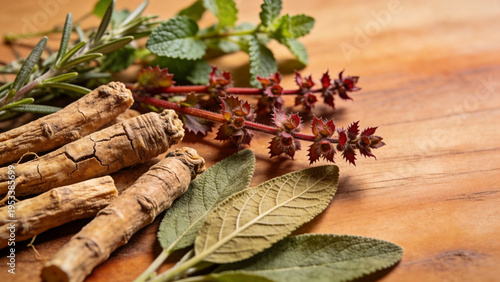 Dried adaptogenic herbs arrangement showcasing ashwagandha roots, holy basil leaves on wooden surface