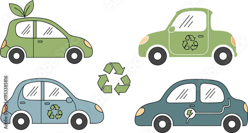 Eco Friendly Car Illustration Set with Electric Vehicle Recycling Symbol Green Transport Concept Sustainable Energy and Environmental Protection Design Elements Collection