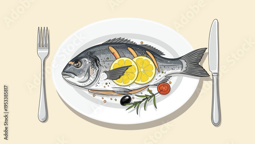 Gourmet grilled fish dish presented on white plate with lemon slices, fresh rosemary, cherry tomato, and black olive.